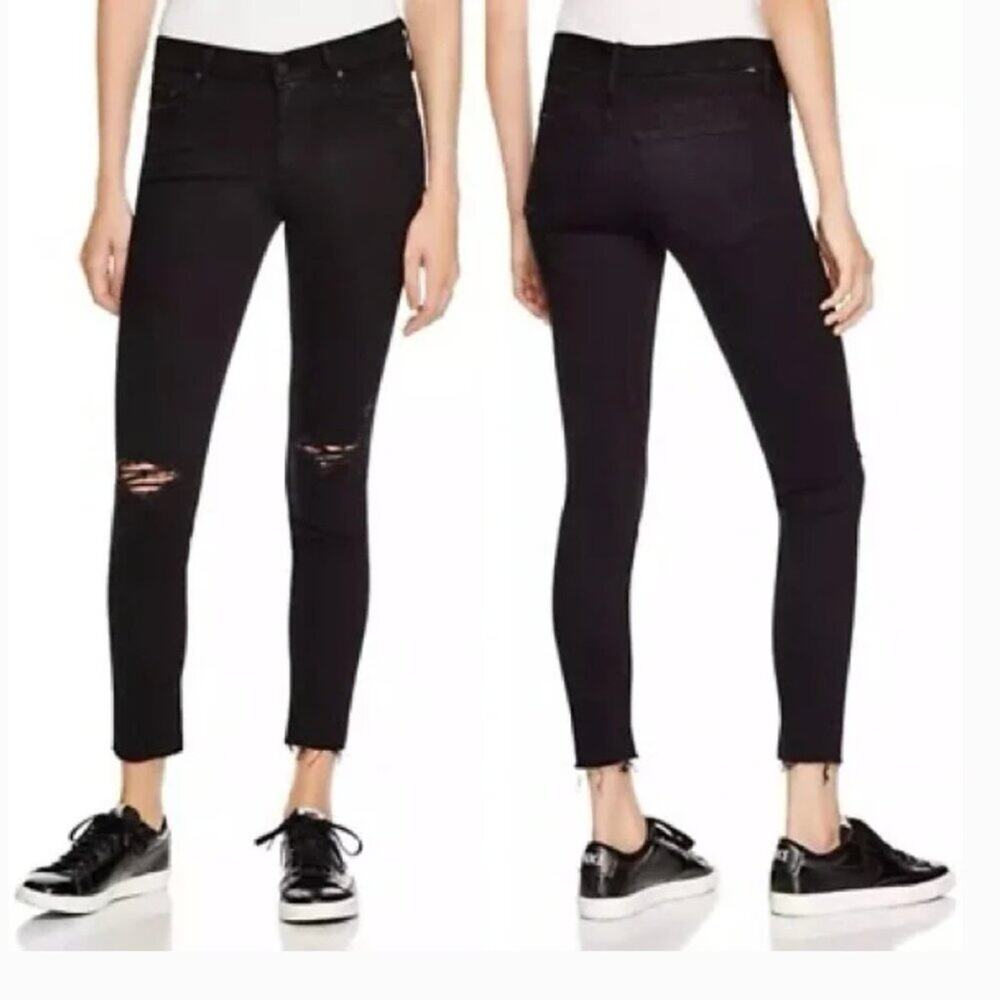 Mother the Ankle Fray Distressed Skinny Jeans in Guilty as Sin Black Size 26